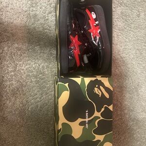 Bape Black Patent Sneakers with Red Star Wave